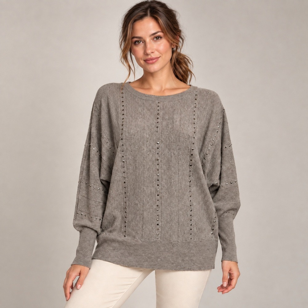 Vila Milano Womens Taupe Gray Studded Batwing Long Sleeve Ribbed Sweater Large